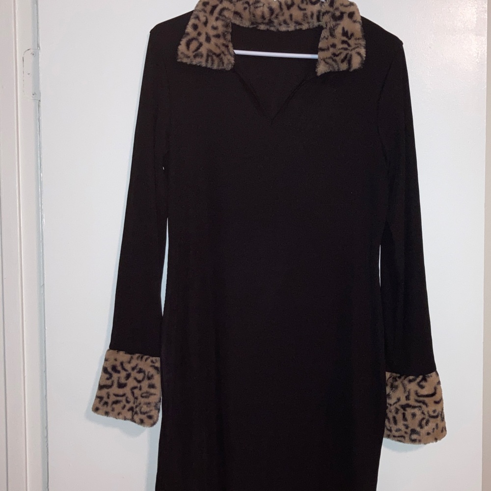 Black Dress with Leopard Print Accents